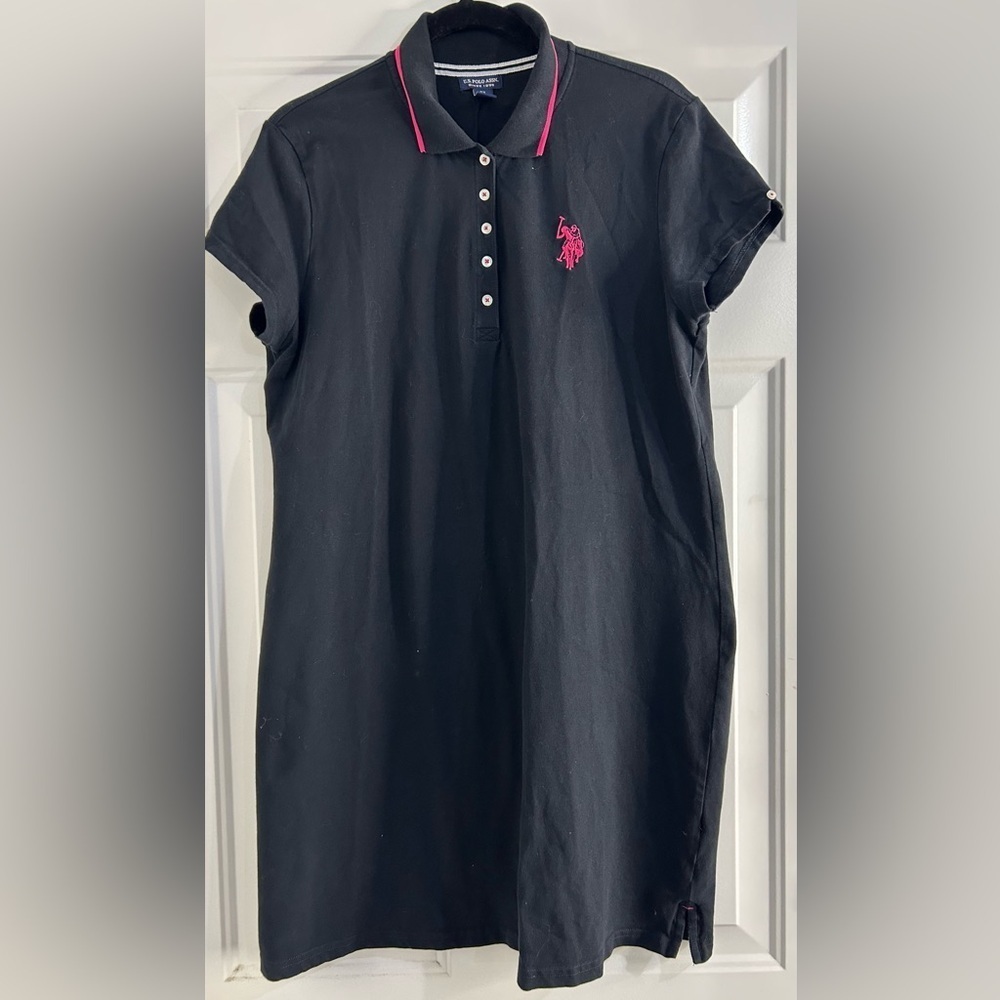 U.S. Polo Assn. Women's Classic Solid Black Polo Dress with Pink Logo Size XL